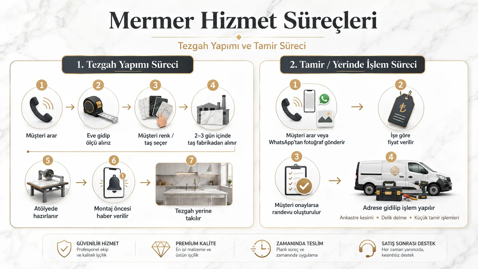Mermer hizmet süreçleri - tezgah yapımı ve tamir adımları